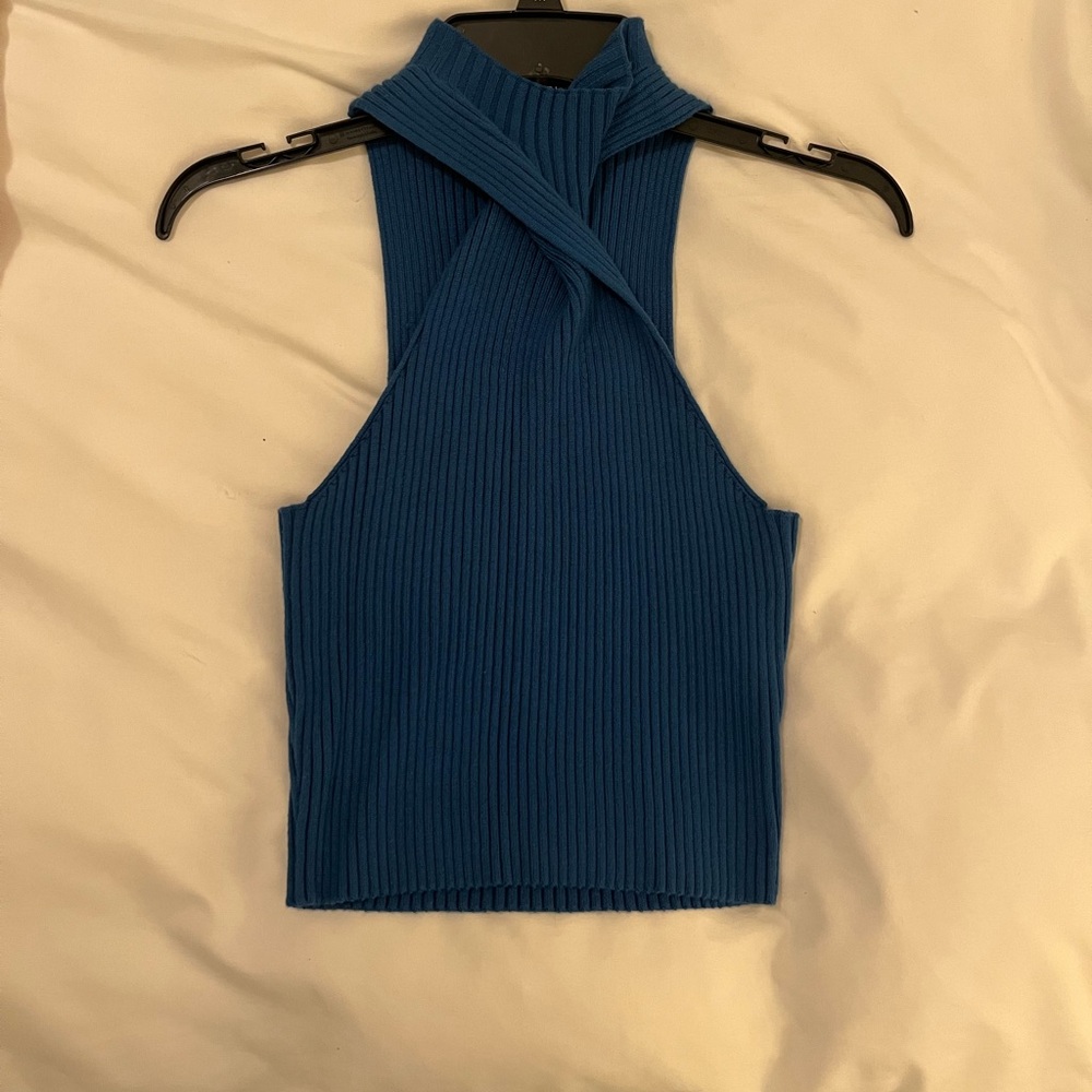 Blue Blush Ribbed Cross-Front High Neck Tank Top - Blue